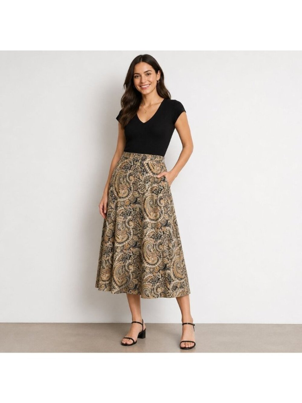 Lane Bryant Midi Skirt Sz 18/20 Tan Black Paisley Boho flowy Peasant Cottage